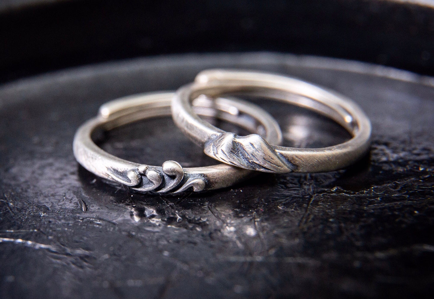 Mountain and Sea Sterling Silver Couple Rings, Adjustable Friendship Rings