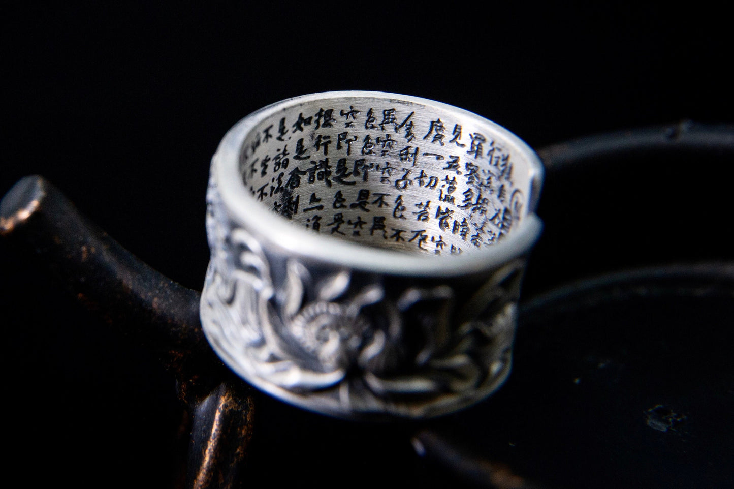 Solid sterling silver meditation ring, thumb ring, engraved lotus mantra ring, unique mens ring, man silver ring, wide band adjustable ring