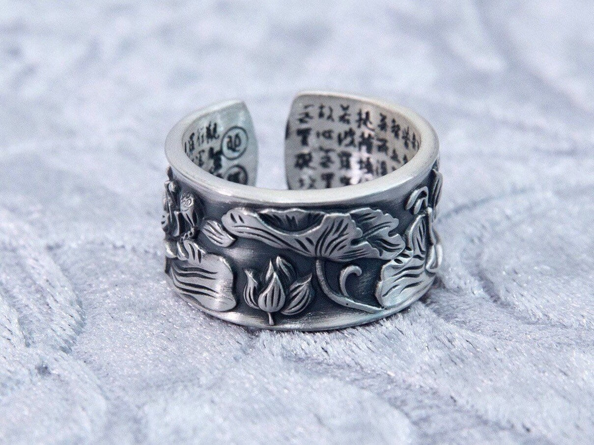 Fine silver Meditation ring, lotus ring, engraved mantra ring, thumb ring, unisex adjustable ring cuff ring, cigar band, Buddhist ring