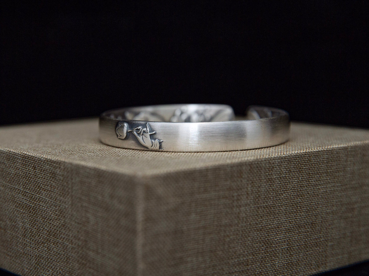 Brushed Sterling Silver Lotus Cuff Bracelet, Engraved Bangle