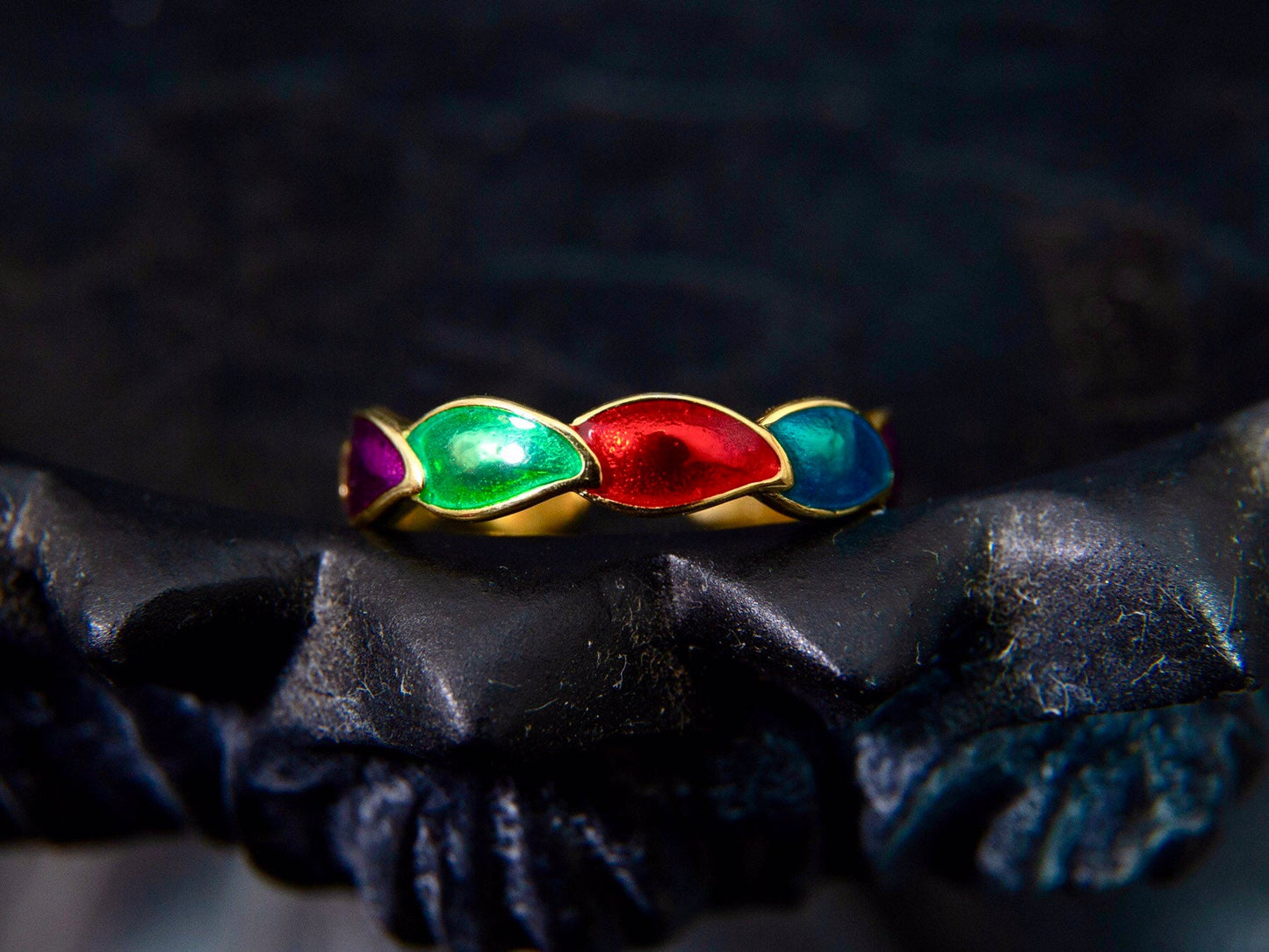 Gold Plated Sterling Silver Enamel Leaf Ring - Adjustable Rainbow Ring