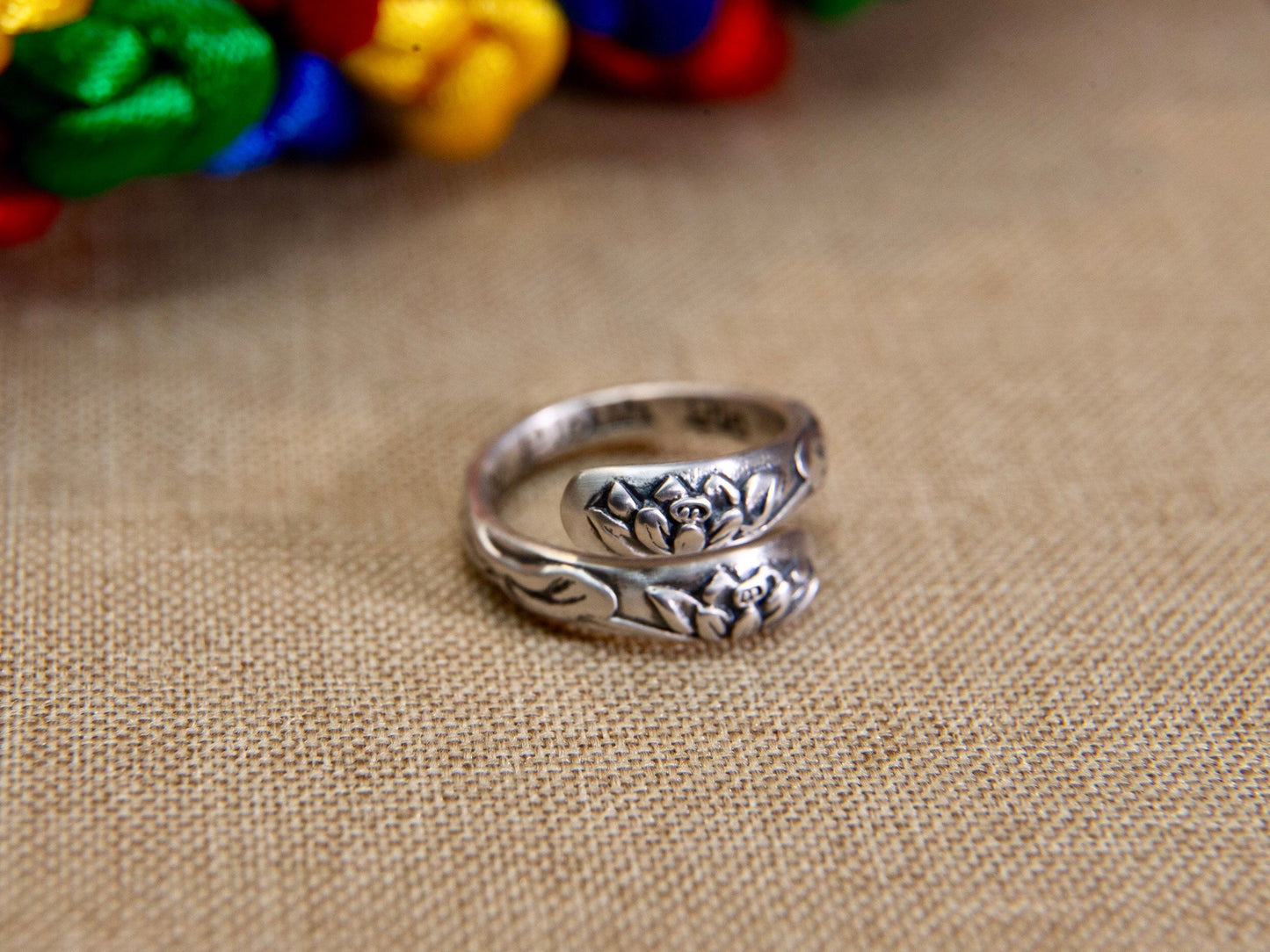 Sterling Silver Lotus Meditation Ring, Adjustable Wrap Ring, Jewelry Gift for Mom Her