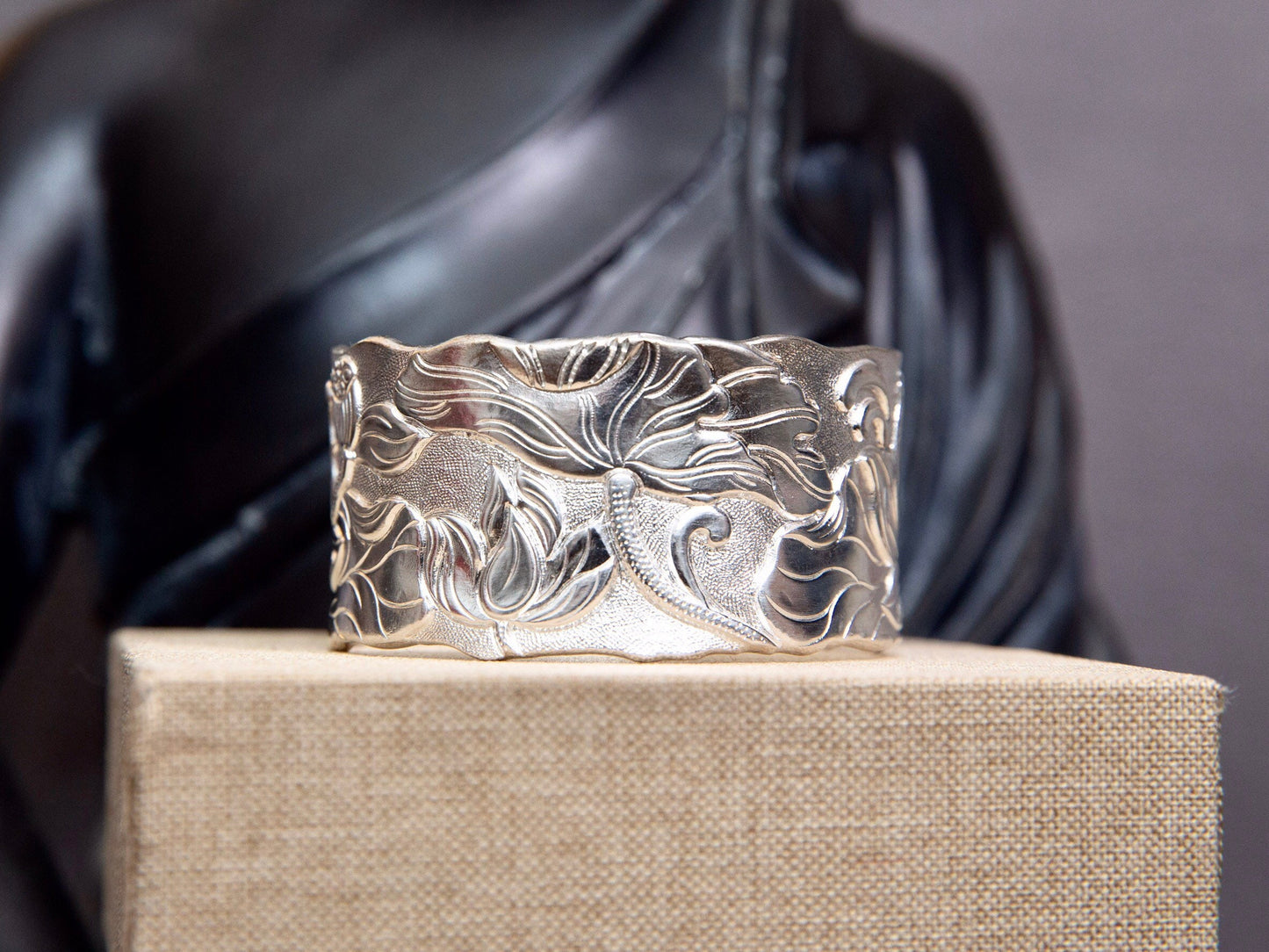 Chunky Sterling Silver Bracelet for women, Silver Cuff Bracelet, Lotus statement bracelet, wide cuff Buddhist mantra meditation bracelet