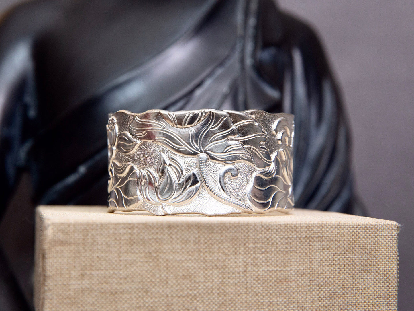Chunky Sterling Silver Bracelet for women, Silver Cuff Bracelet, Lotus statement bracelet, wide cuff Buddhist mantra meditation bracelet