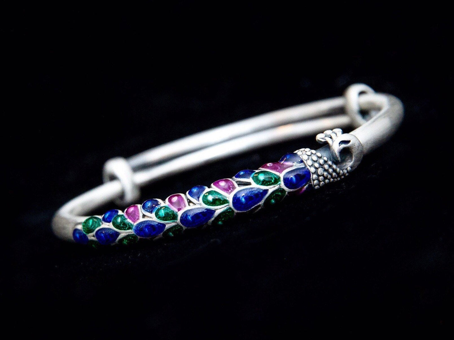 Sterling silver Peacock bangle, peacock statement bracelet, enamel peacock jewelry , adjustable bracelet, Gift for Her Wife Mom Sisters