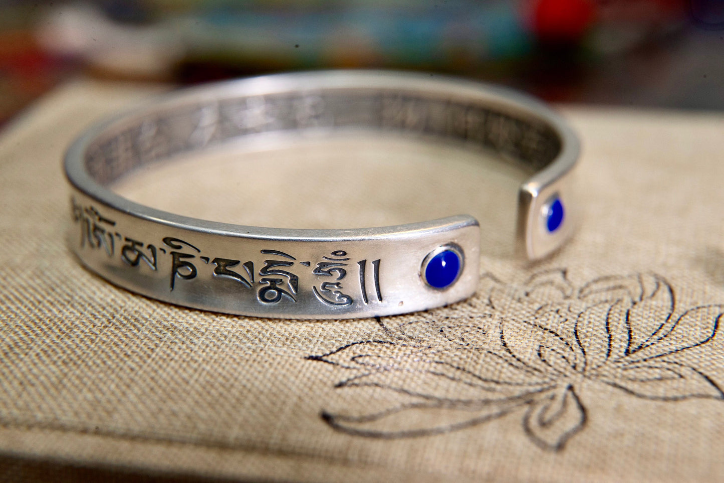 999 Sterling Silver Cuff Bangle, Engraved Tibetan Mantra Bracelet