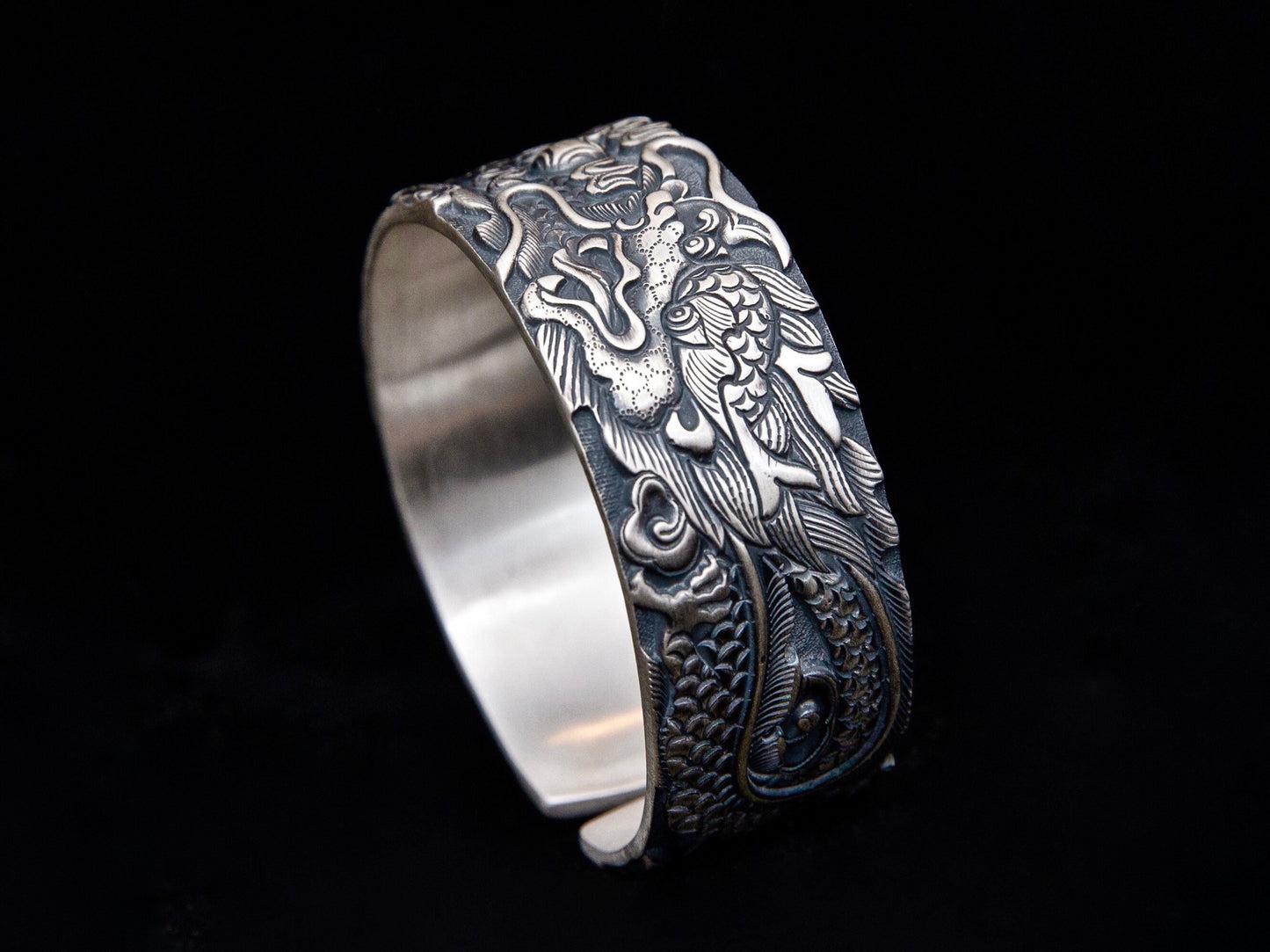 Solid Sterling Silver Dragon Wide Bracelet Handmade Mens Silver Dragon Cuff Bracelet, Wide Ancient Loong Bracelet