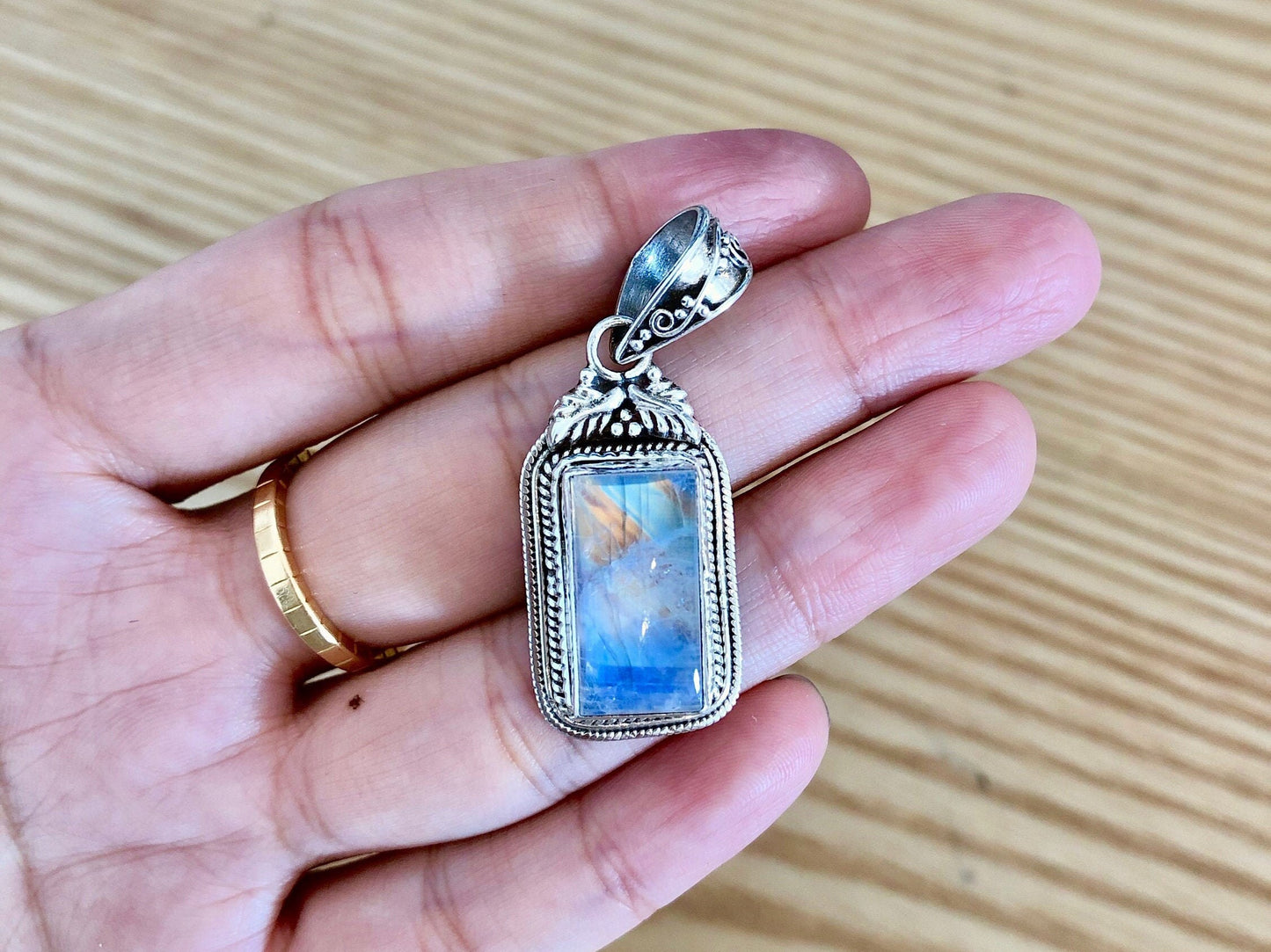 One of A Kind-Rainbow Moonstone necklace ,sterling silver Large moonstone pendant, June Birthstone, Gift for Her