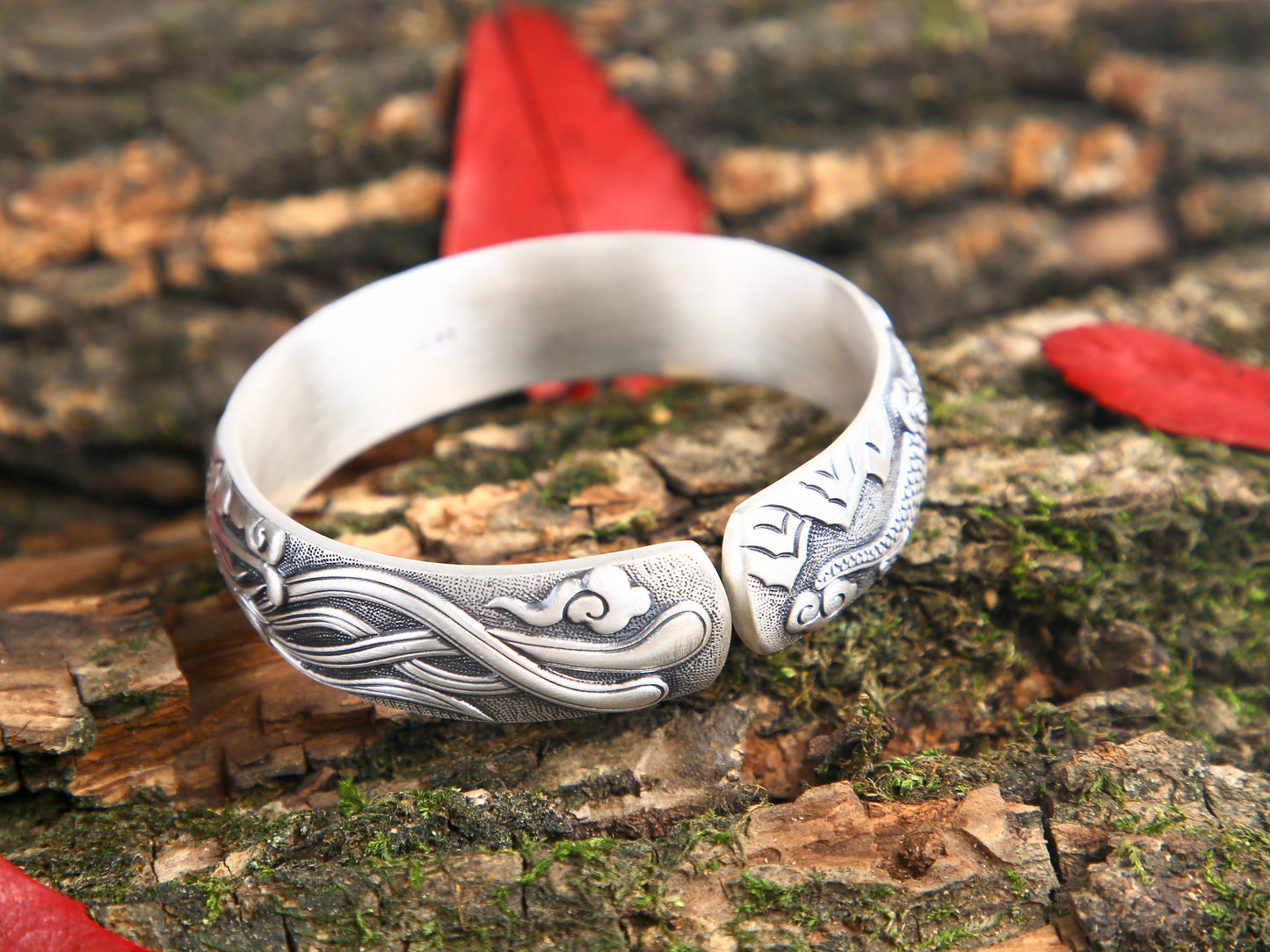 Sterling Silver Dragon Phoenix Cuff Bangle, Engraved Fine Silver