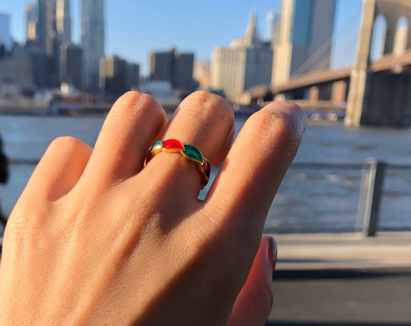 Sterling silver Enamel leaf ring, rainbow color nature ring, gold plated leaf statement ring, adjustable ring, botanical ring, dainty ring