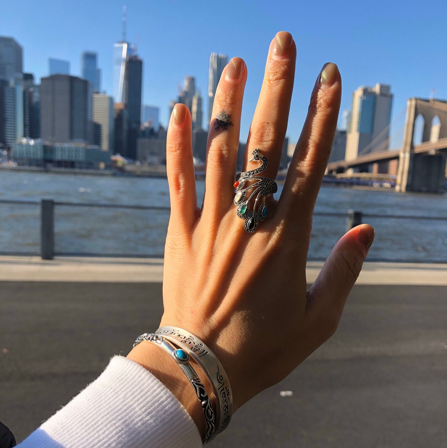 Sterling Silver Peacock Ring, Garnet Multi Stone, Adjustable Statement Ring