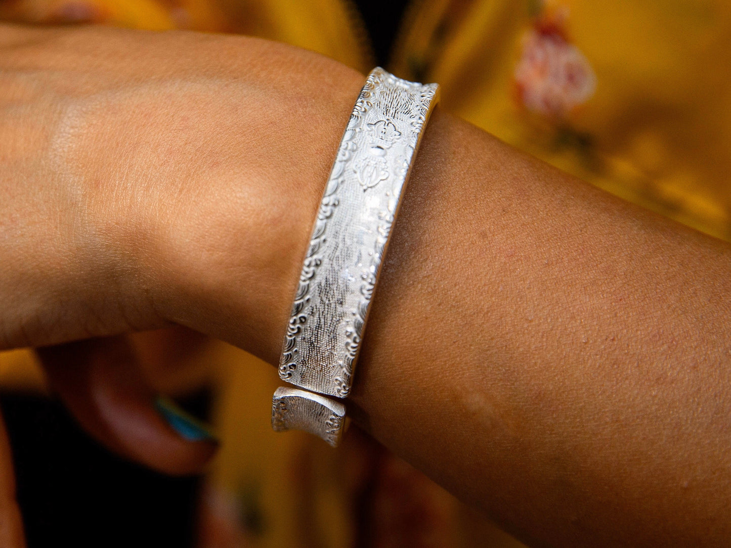 Sterling Silver Tibetan Mantra Cuff Bracelet: Buddhist Bangle