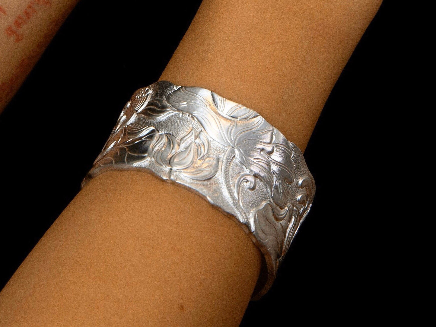 Chunky Sterling Silver Bracelet for women, Silver Cuff Bracelet, Lotus statement bracelet, wide cuff Buddhist mantra meditation bracelet
