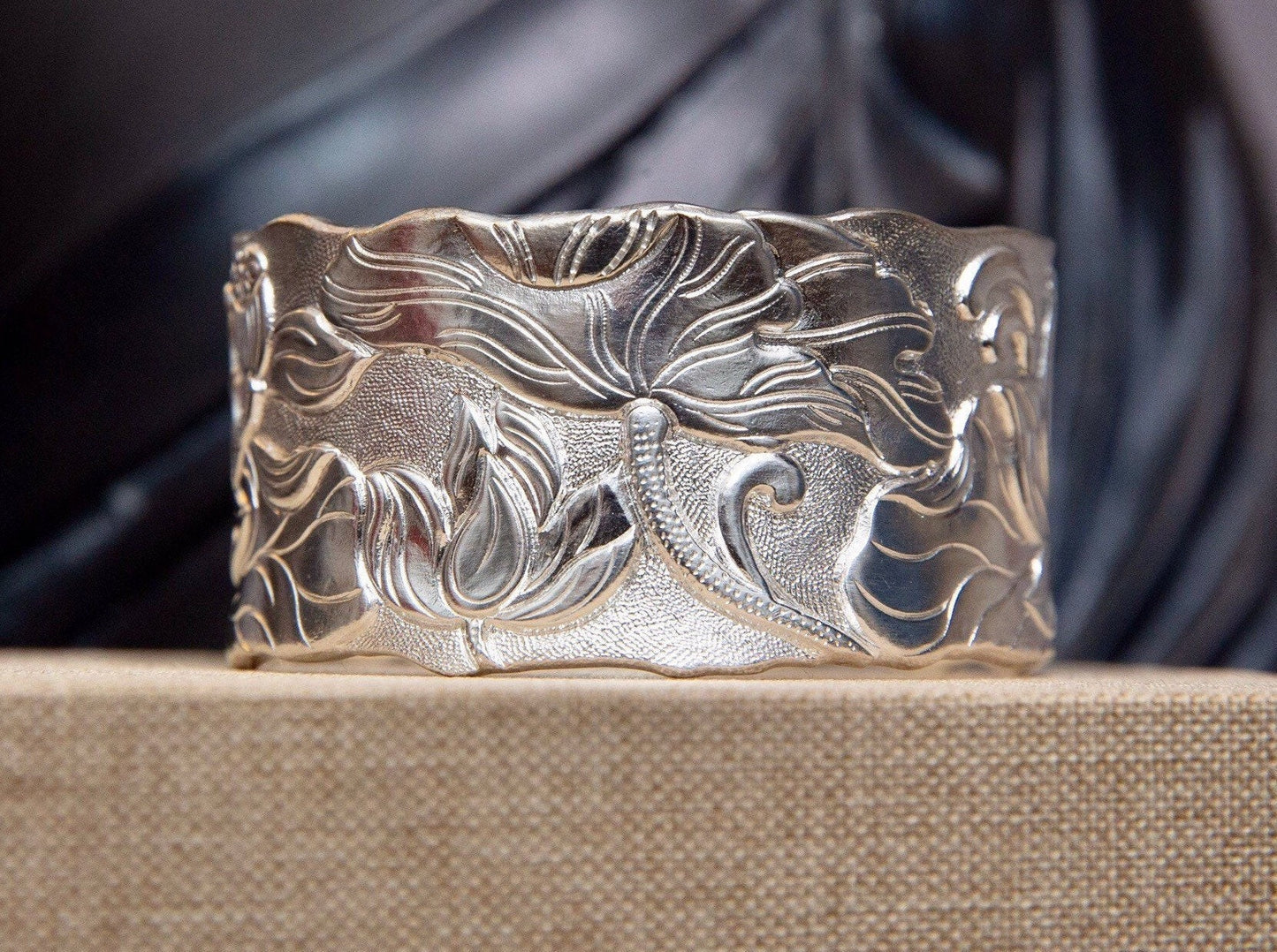 Chunky Sterling Silver Bracelet for women, Silver Cuff Bracelet, Lotus statement bracelet, wide cuff Buddhist mantra meditation bracelet