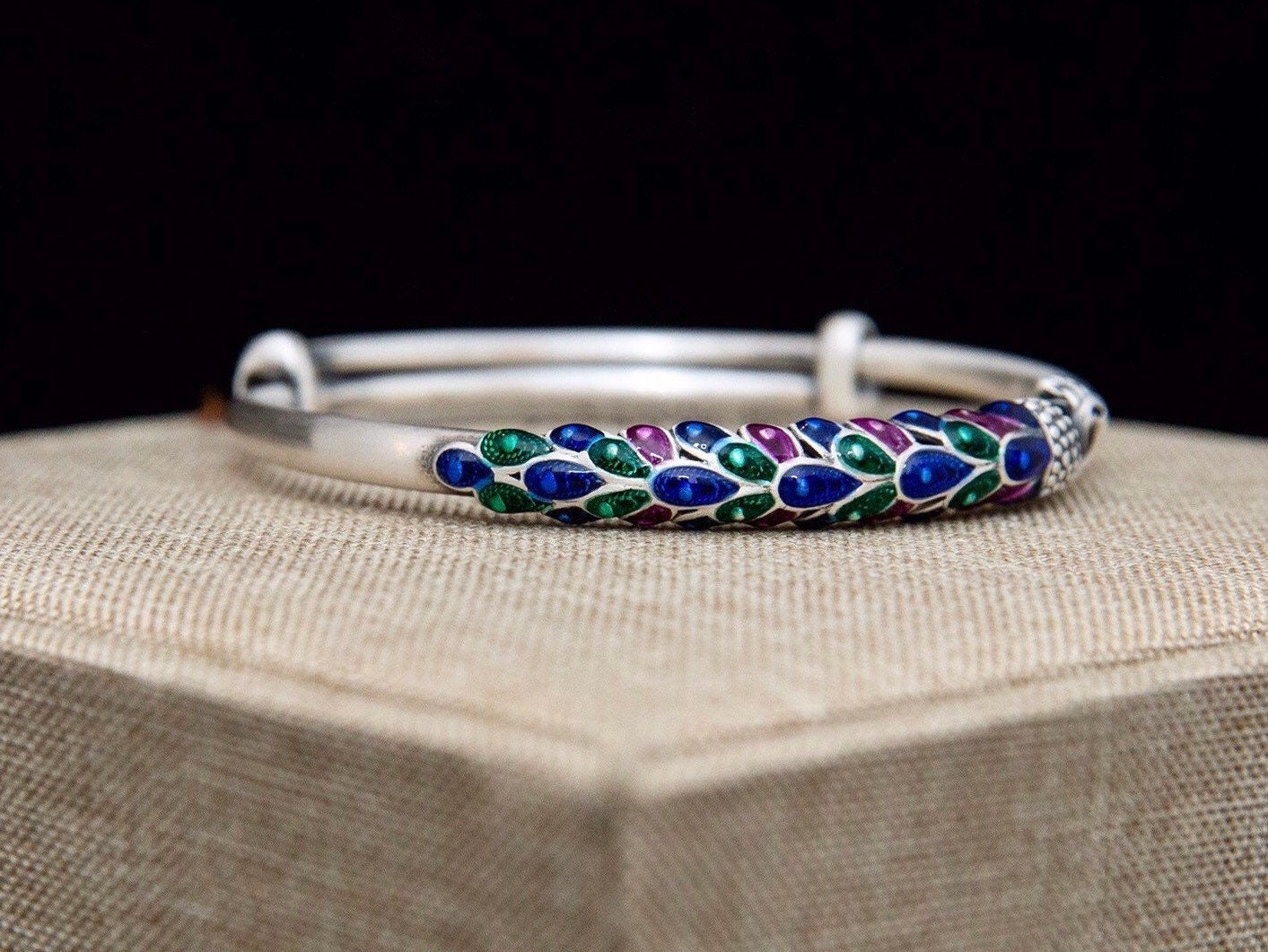 Sterling silver Peacock bangle, peacock statement bracelet, enamel peacock jewelry , adjustable bracelet, Gift for Her Wife Mom Sisters