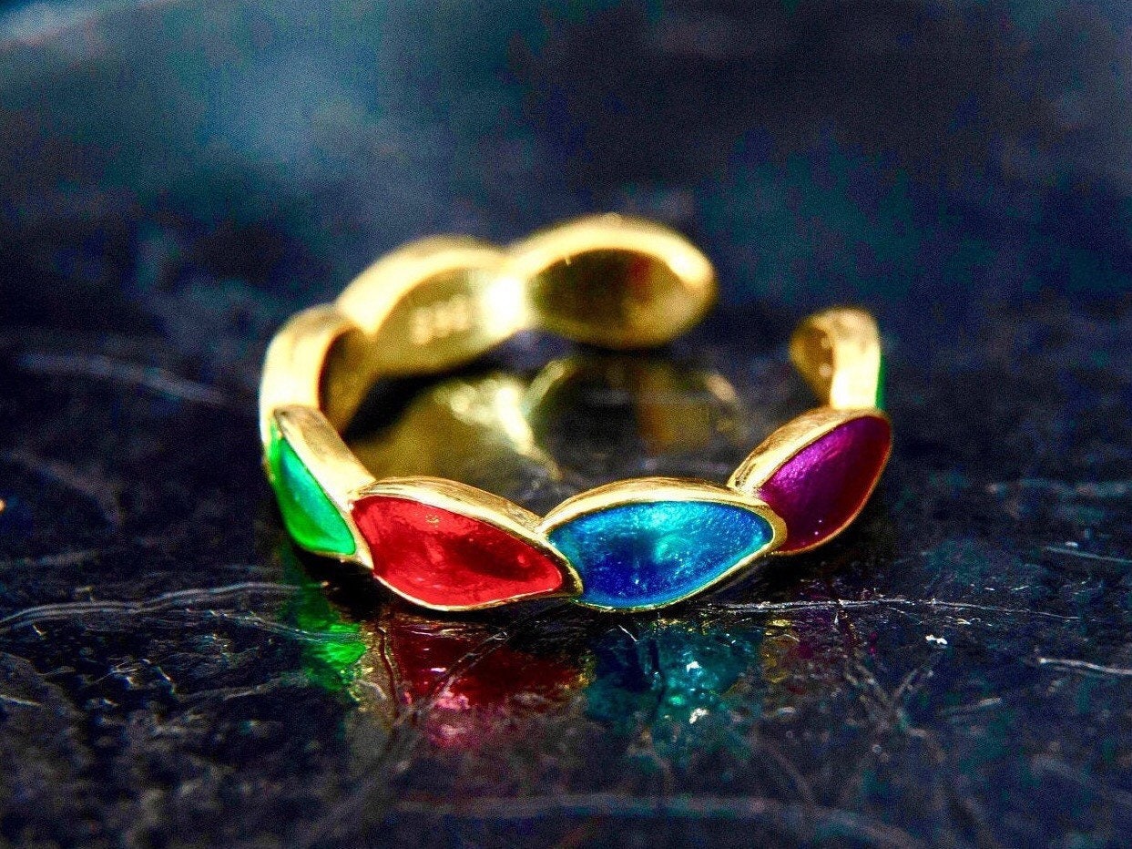 Sterling silver Enamel leaf ring, rainbow color nature ring, gold plated leaf statement ring, adjustable ring, botanical ring, dainty ring
