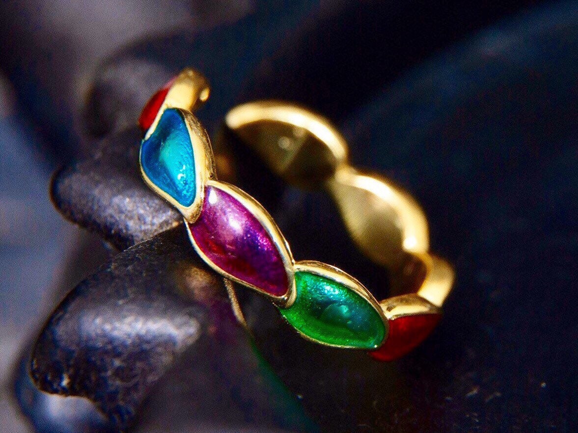 Sterling silver Enamel leaf ring, rainbow color nature ring, gold plated leaf statement ring, adjustable ring, botanical ring, dainty ring