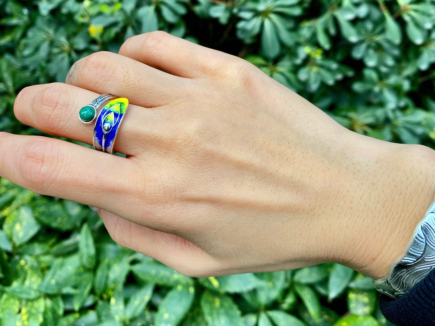 Sterling silver peacock statement ring with malachite , enamel ring, feather ring, nature ring, adjustable ring, peacock jewelry, bird ring