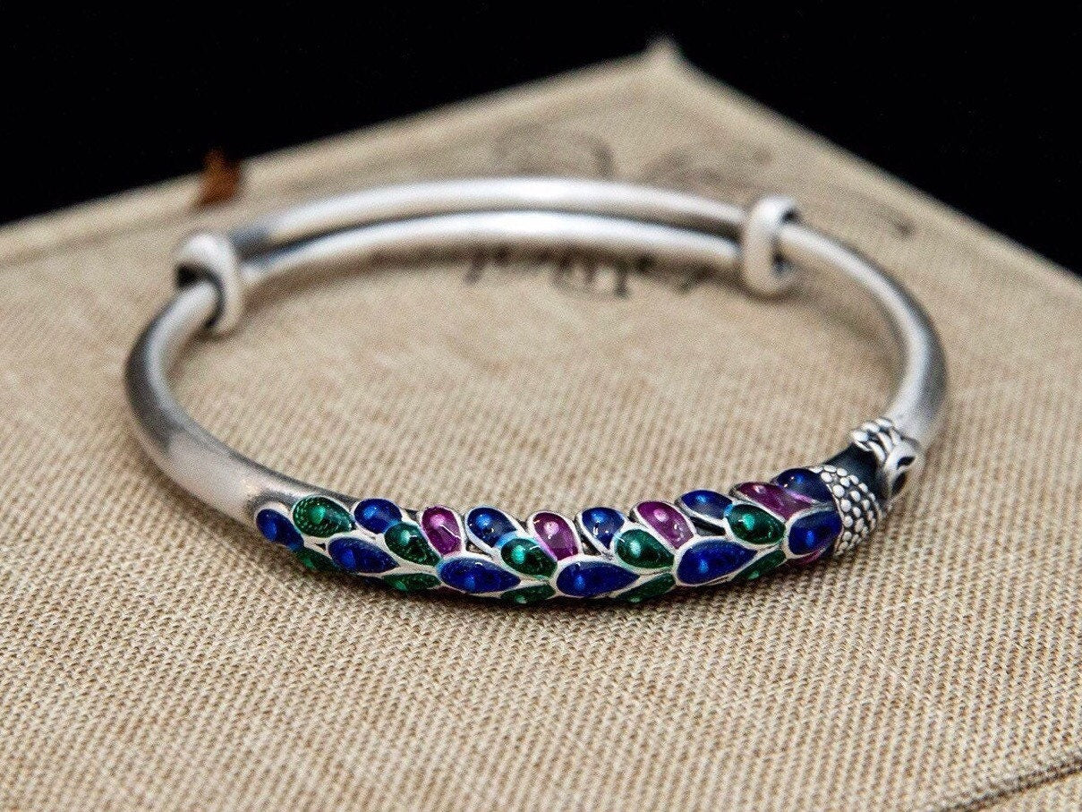Sterling silver Peacock bangle, peacock statement bracelet, enamel peacock jewelry , adjustable bracelet, Gift for Her Wife Mom Sisters