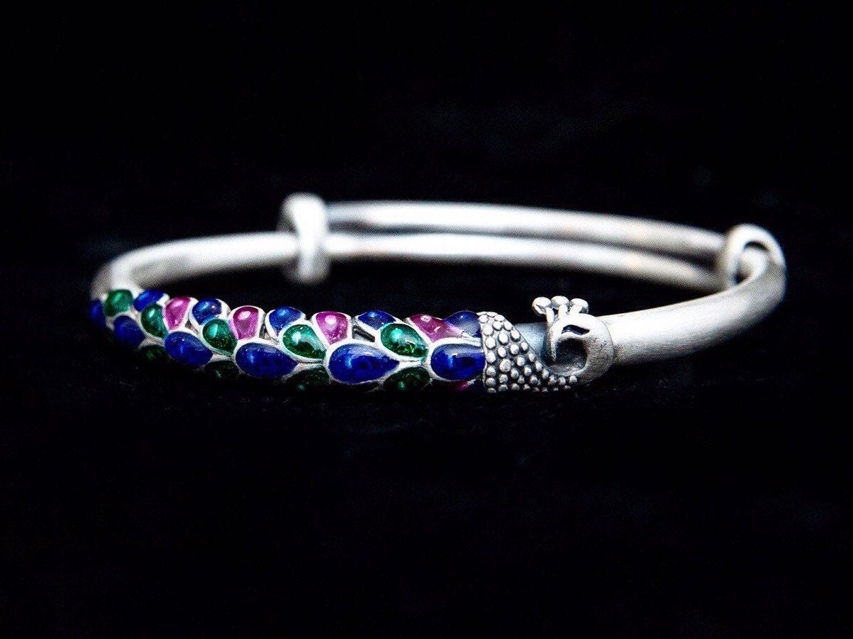 Sterling Silver Peacock Bangle, Enamel Peacock Bracelet, Adjustable Symbolic Bird Jewelry, Colorful Bracelet Gift for Her Mom Sister Wife