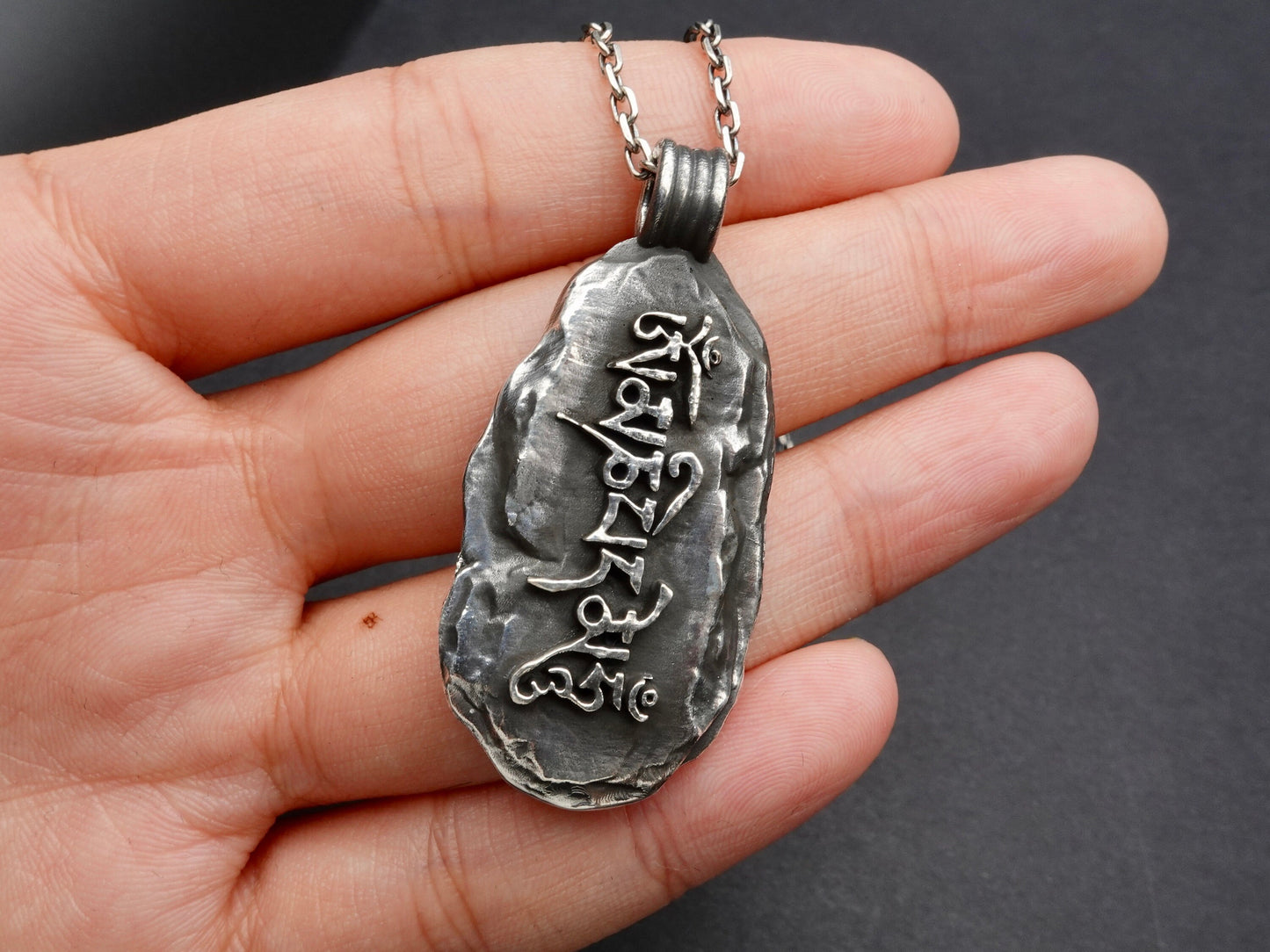 Rustic Mens Silver Necklace, Mani Stone Pendant, Oxidized silver mens necklace, Sterling Silver Om Necklace for men, Buddhist Jewelry gift