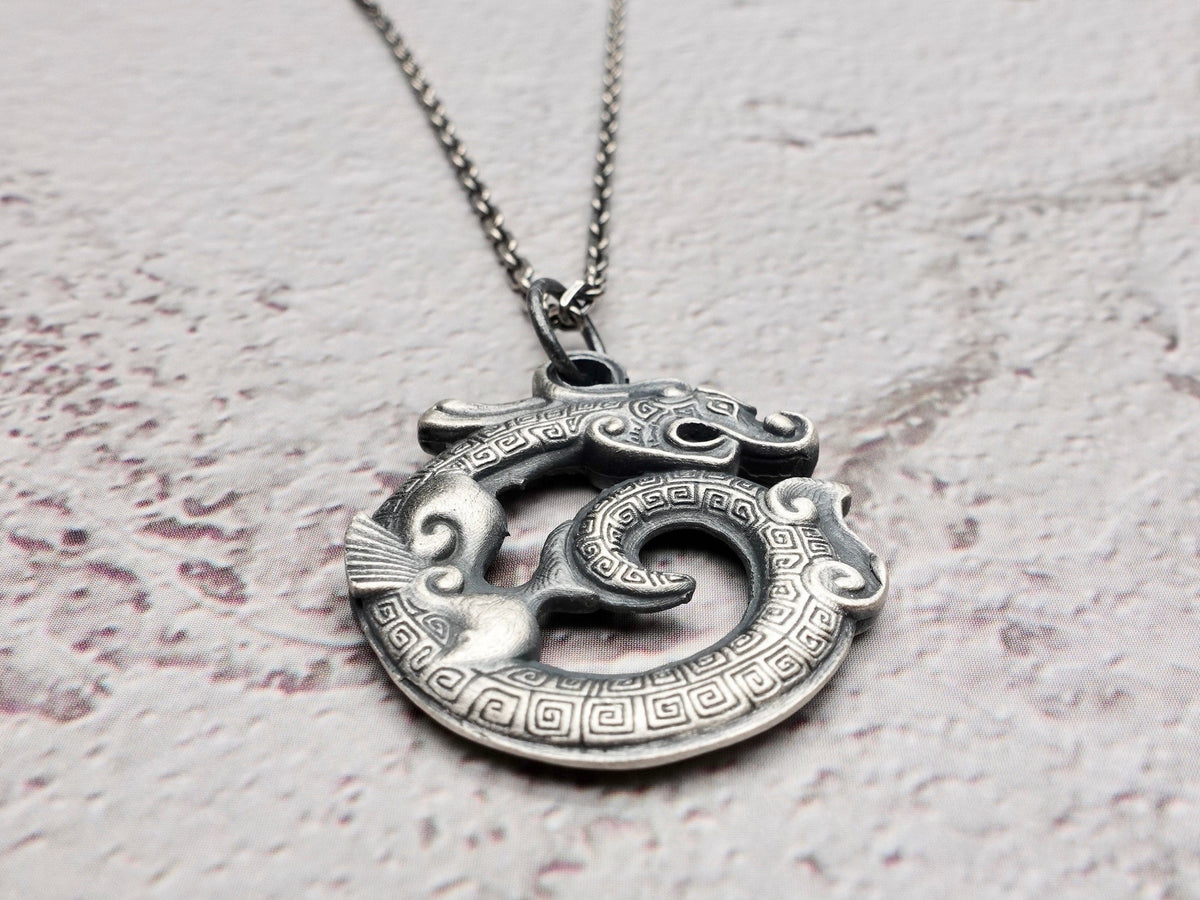 Oxidized Sterling Silver Dragon Mens Necklace, Double Sided Pendant