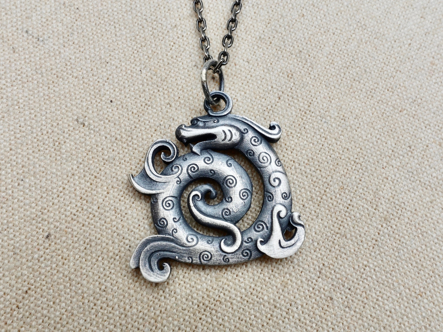 Sterling Silver Dragon Necklace For Men Women, rustic silver necklace, dragon pendant, oxidized mens pendant, viking necklace