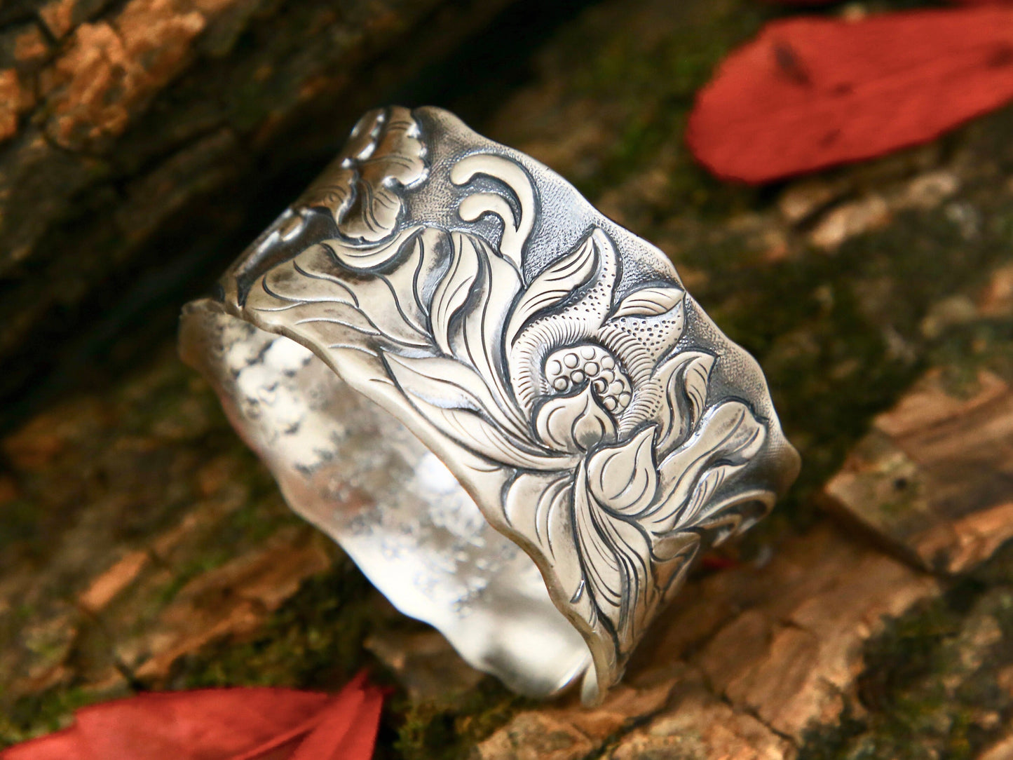 Sterling Sliver Cuff Bracelet for woman, meditation bracelet, lotus bracelet, Wide cuff bangle bracelet, mindfulness protection bracelet