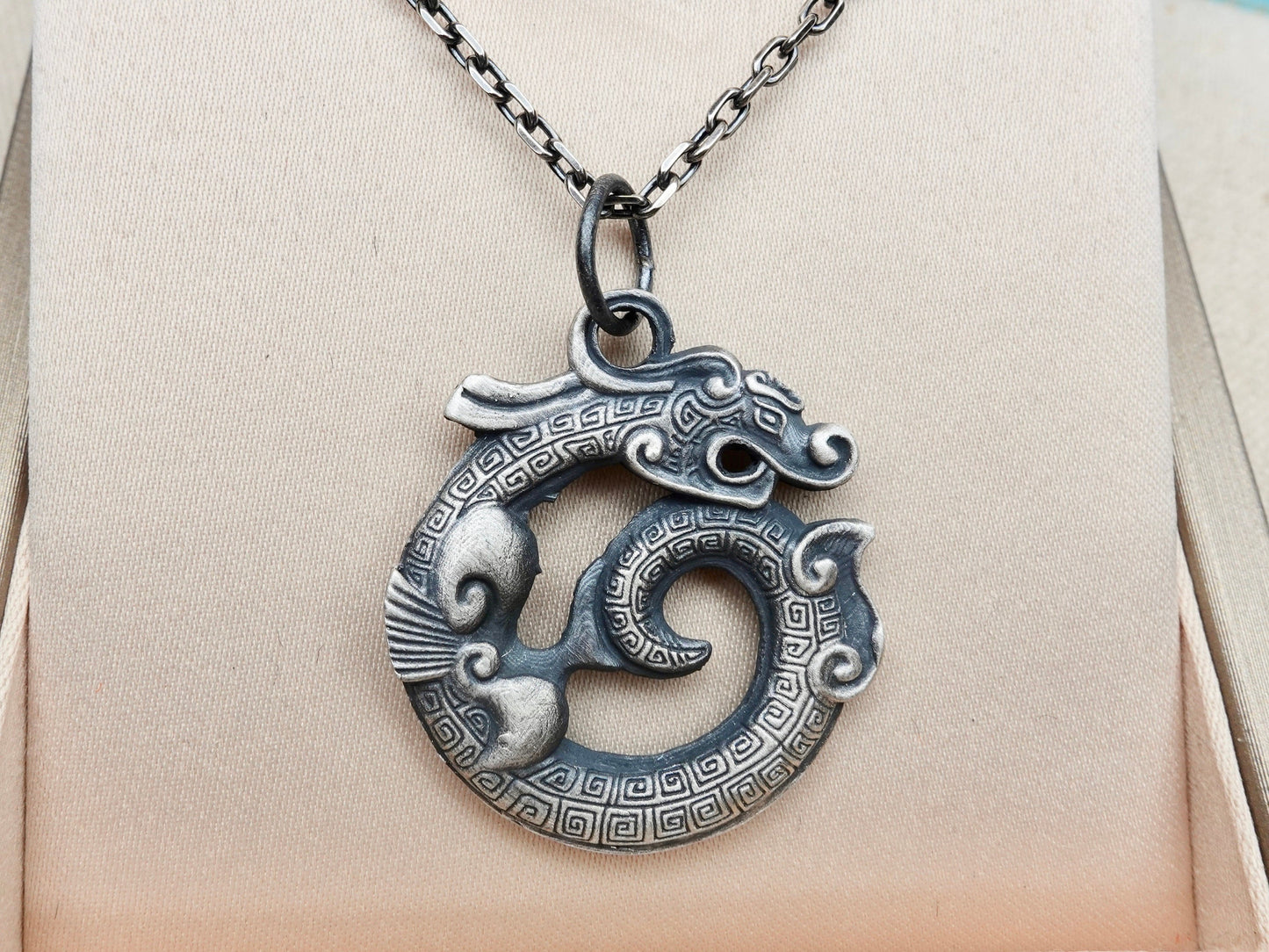 Sterling Oxidized Silver Mens Necklace, Dragon Necklace, Rustic mens silver necklace, mens pendant necklace mens jewelry gift for him