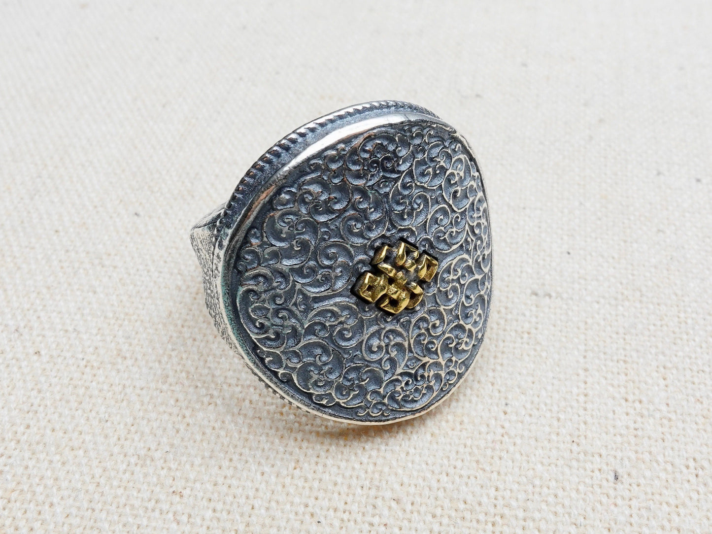 Chunky Sterling Silver Lucky Cloud Ring: Gold Knot Tibetan Jewelry