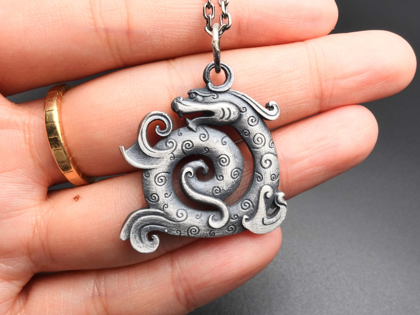 Oxidized Sterling Silver Dragon Pendant Necklace: Rustic Viking Style