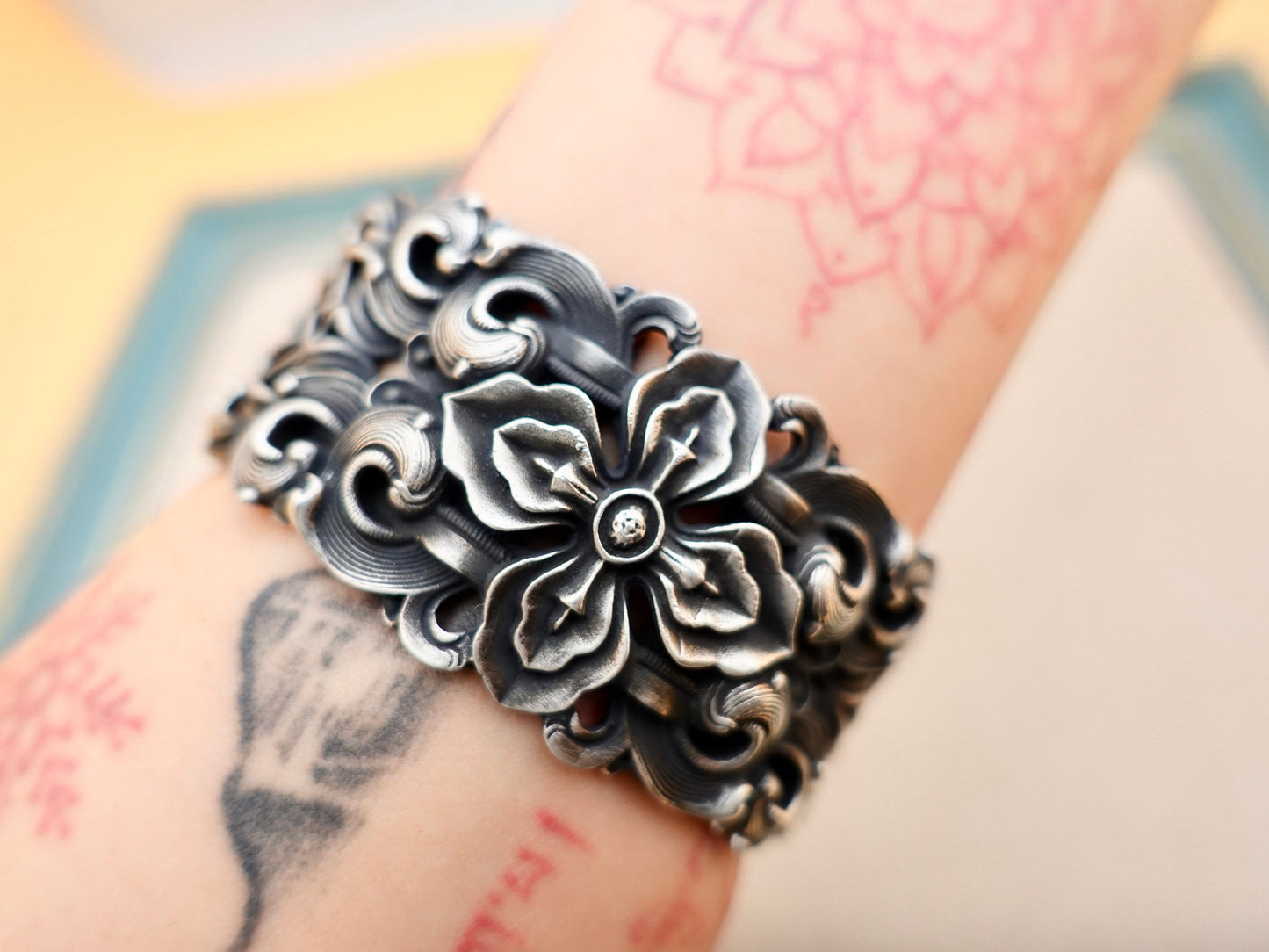 Wide Cuff Bracelet for woman men, Sterling Sliver mens cuff bracelet, Vajra protection Buddhist bracelet, mindfulness meditation