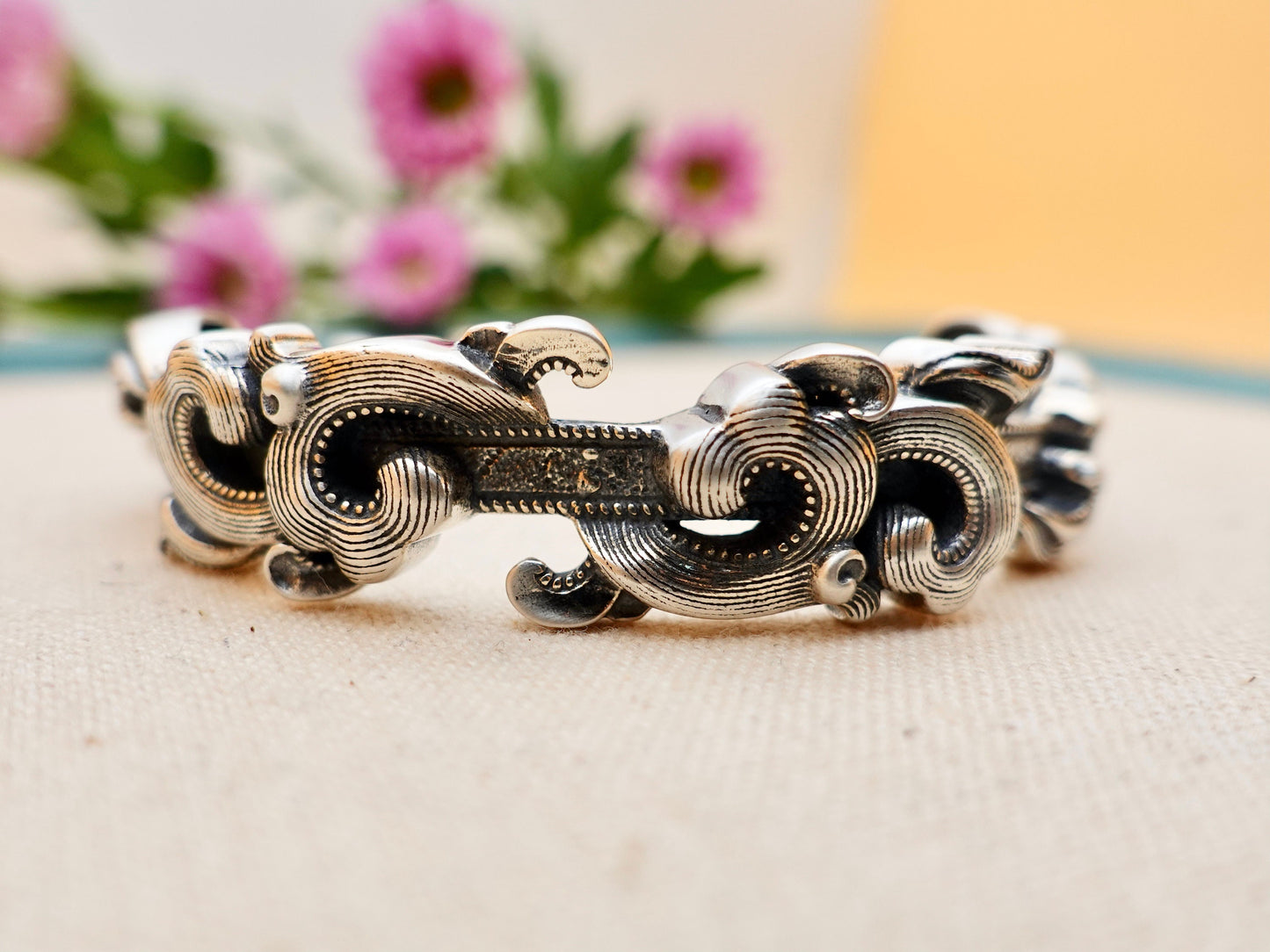 Sterling Silver Wave Cuff Bracelet, Oxidized Boho Bangle