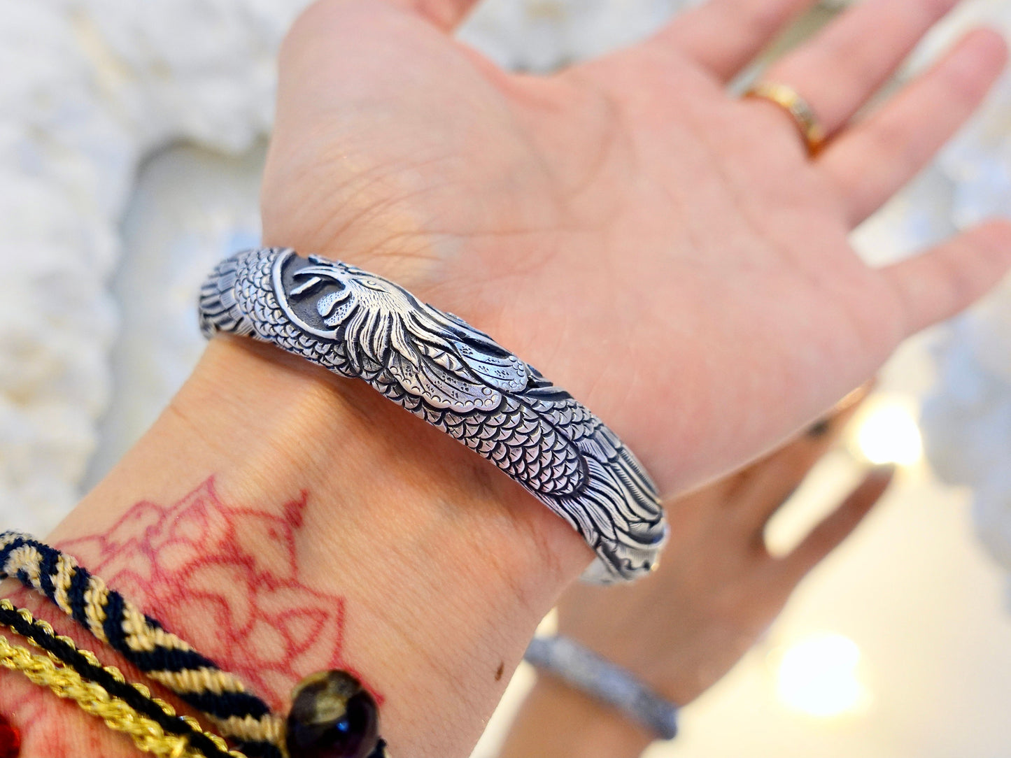 Sterling Silver Phoenix Cuff Bracelet, Peony Floral Bangle, Rebirth Jewelry