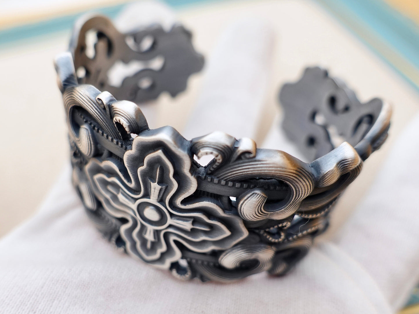 Sterling Silver Wide Cuff Bracelet: Tibetan Vajra Bangle, Adjustable