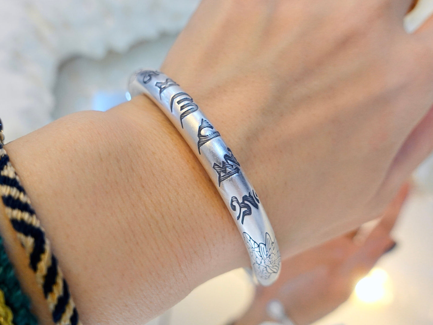 Healing Yoga Jewelry, Sterling Silver Meditation Bracelet, mantra bracelet, mens cuff bracelet, Buddhist jewelry, Protection jewelry