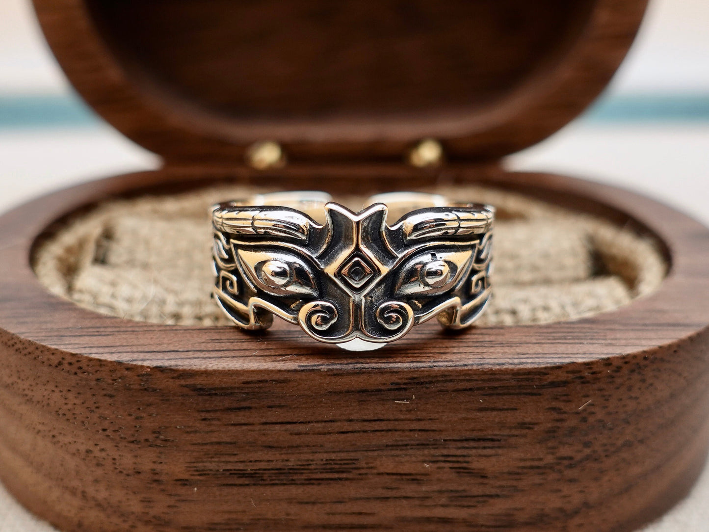 Sterling Silver Taotie Ring, Mythical Creature Band, Adjustable Size