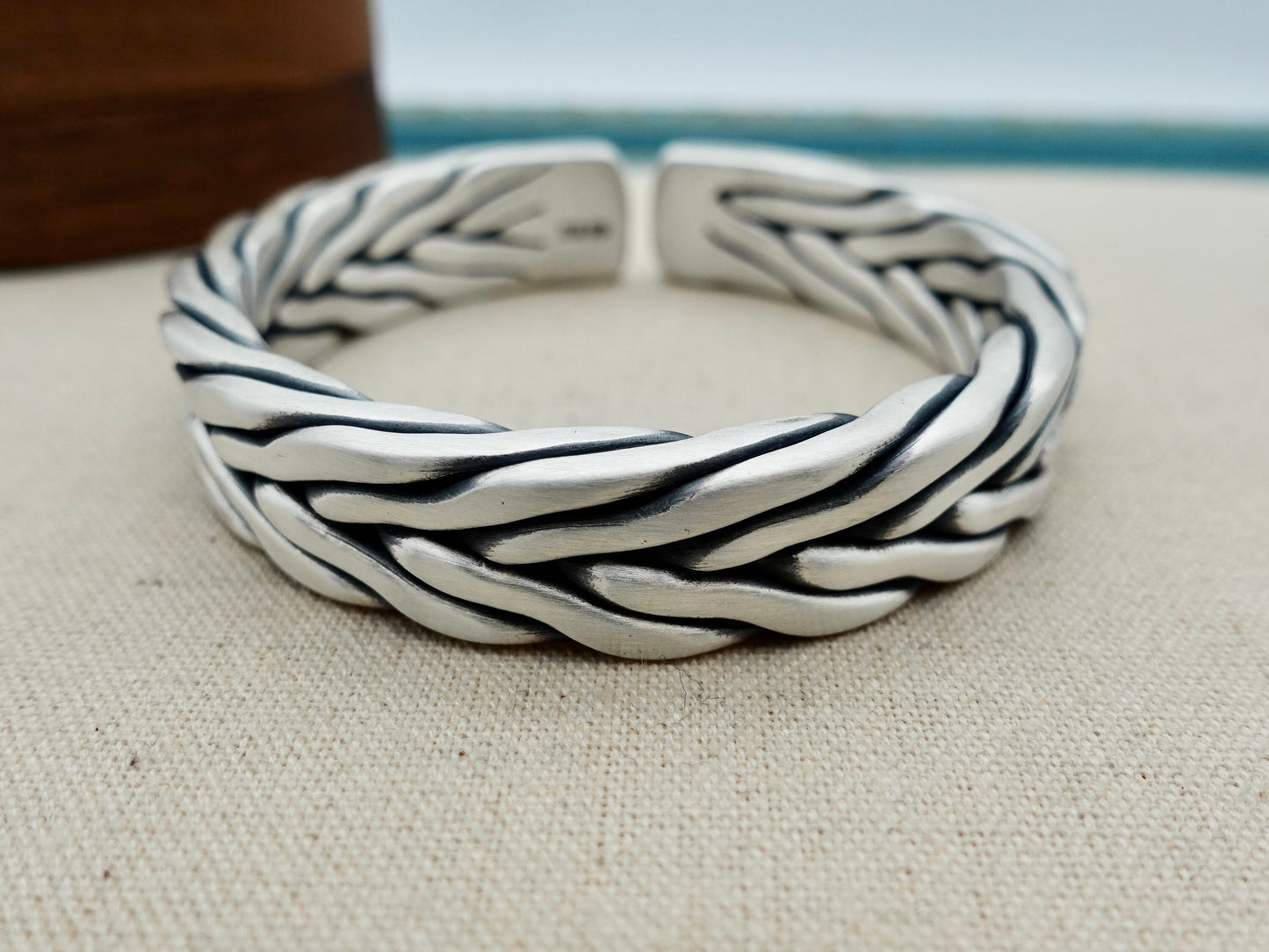 Sterling Silver Artisan Mens Cuff Bracelet, Adjustable Knitting Art Bangle