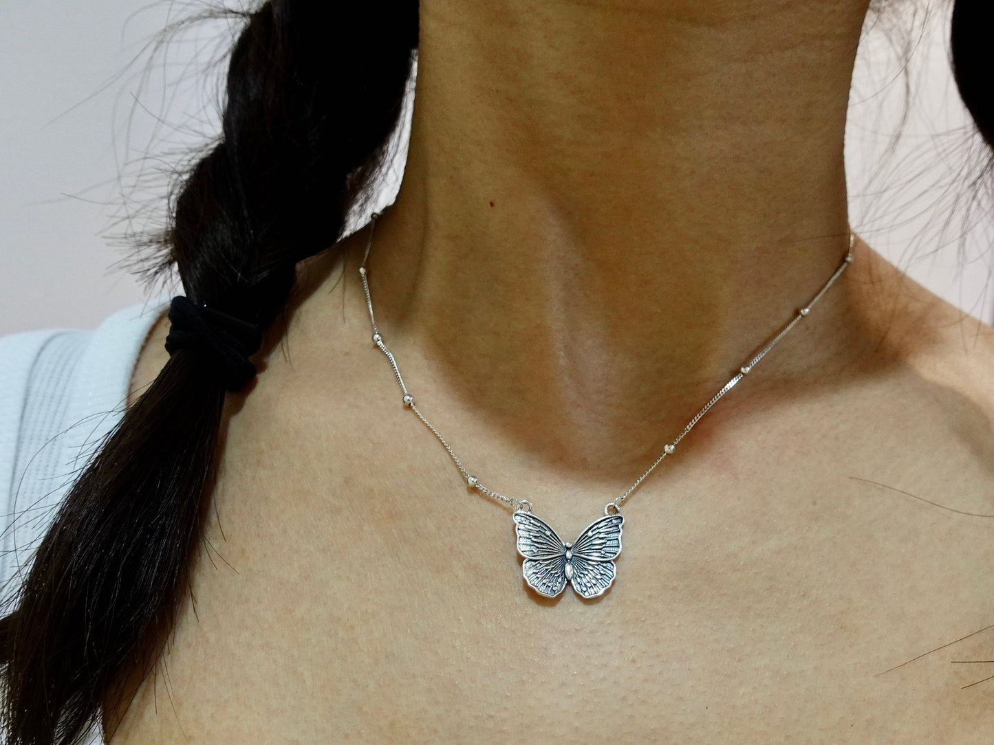 Sterling Silver Butterfly Pendant Necklace, Boho Antique Jewelry