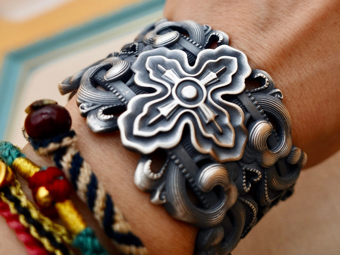 Sterling Silver Wide Cuff Bracelet: Tibetan Vajra Protection Bangle
