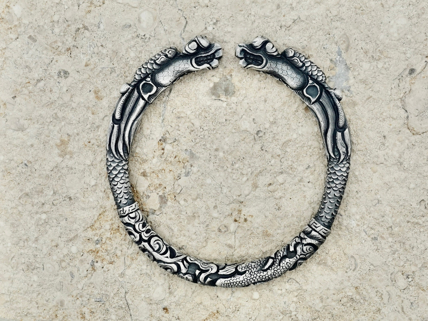 Sterling Silver Double Dragon Head Cuff Bracelet, 999 Fine Silver