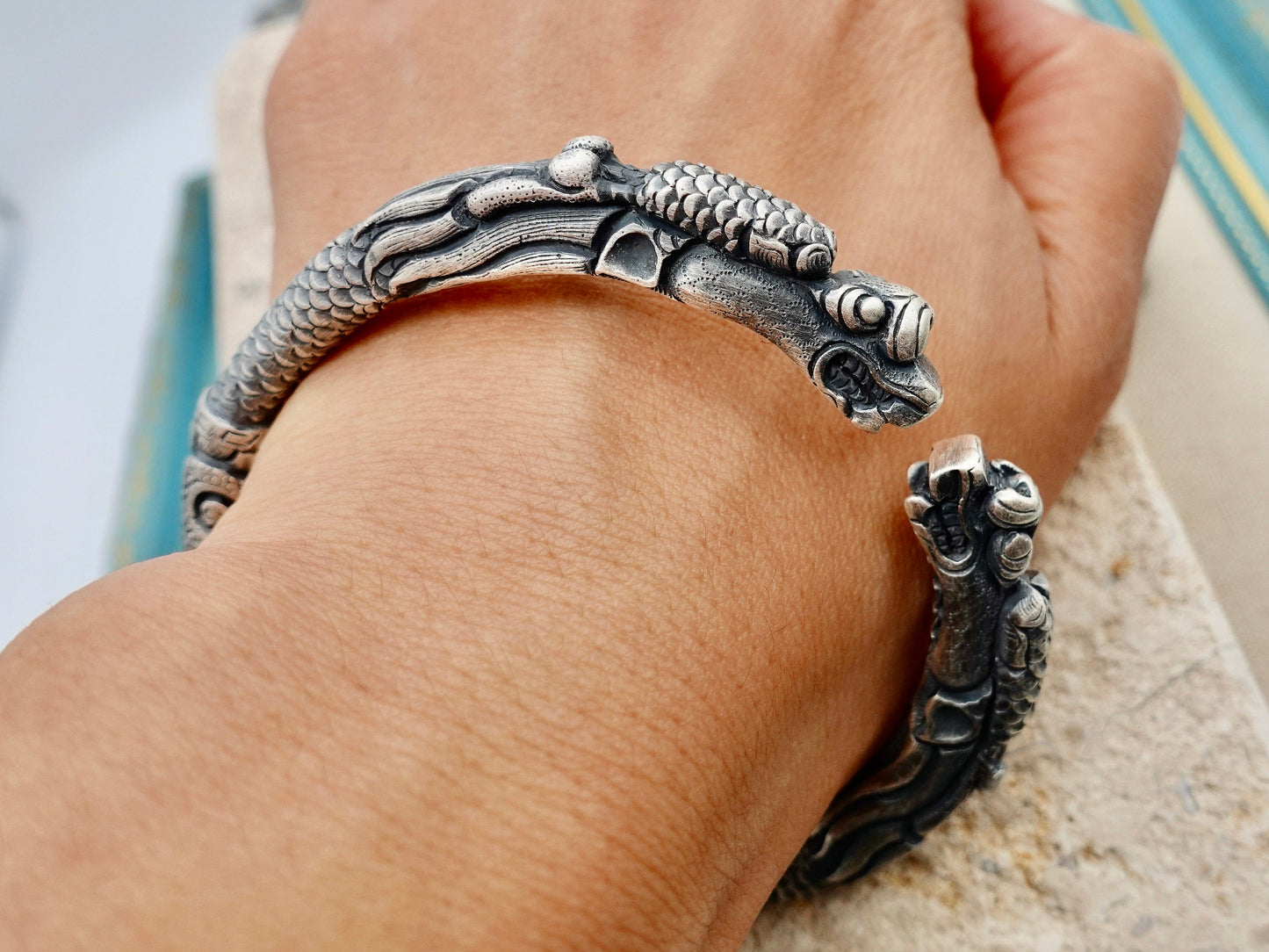 Sterling Silver Dragon Bracelet, Double-Dragon Head Mens Cuff Bracelet, Gift for Him Her Gift for Father