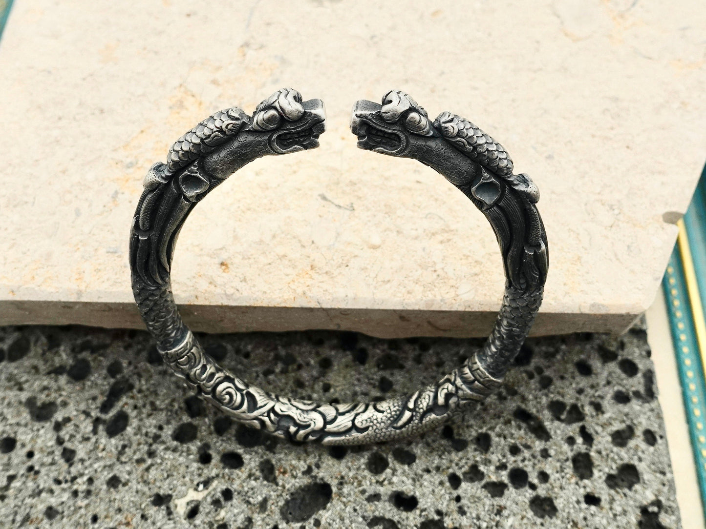 Sterling Silver Dragon Bracelet, Double-Dragon Head Mens Cuff Bracelet, Gift for Him Her Gift for Father