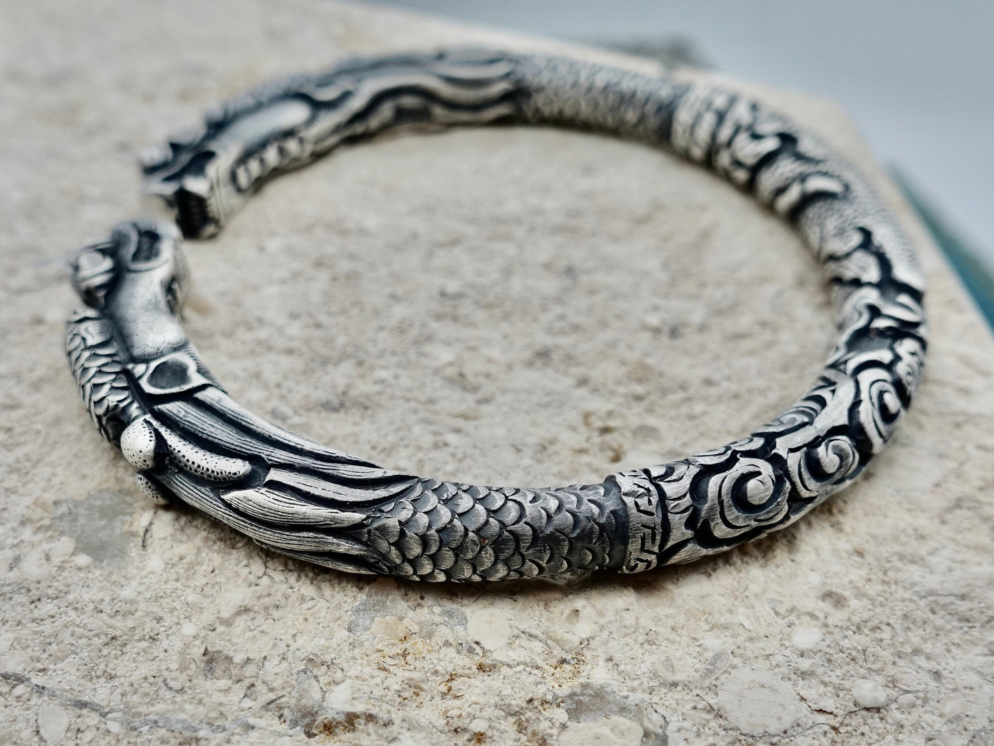 Sterling Silver Dragon Bracelet, Double-Dragon Head Mens Cuff Bracelet, Gift for Him Her Gift for Father