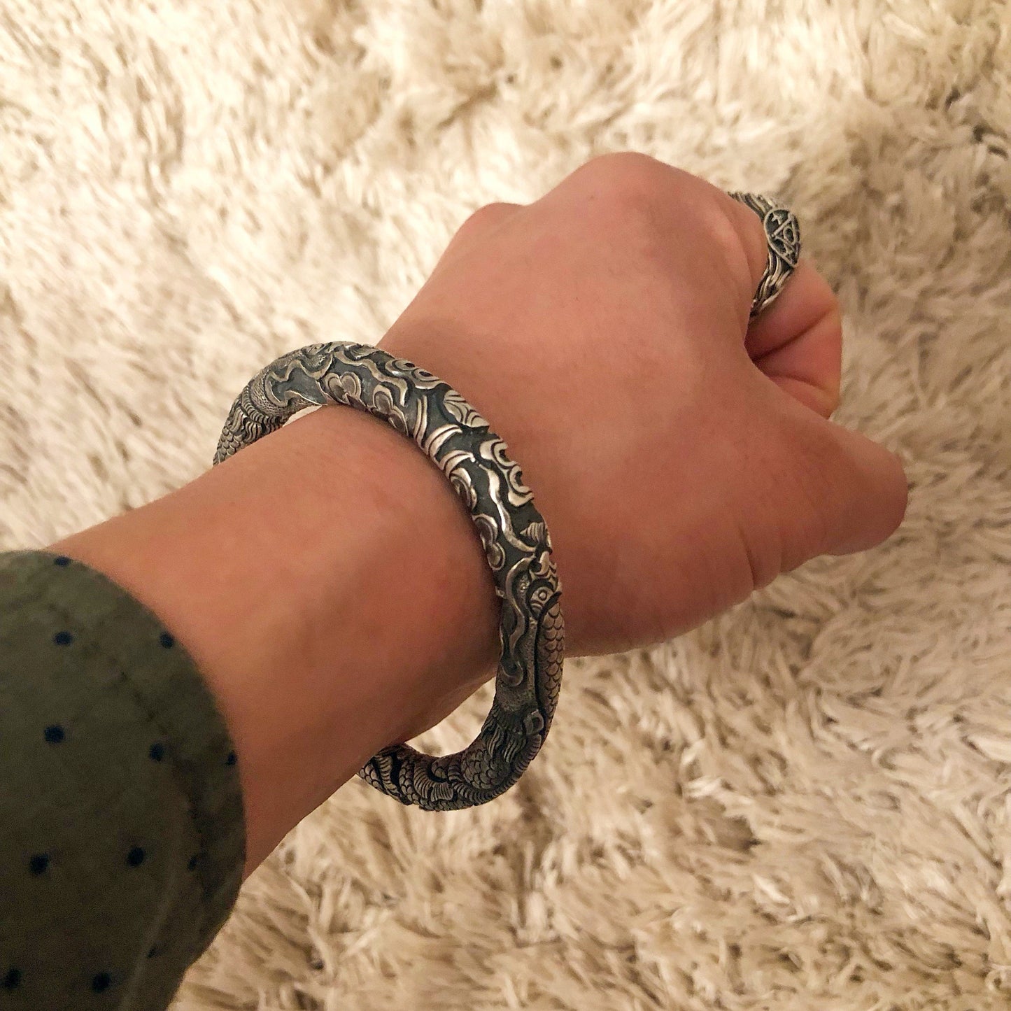 Hand Engraved Sterling Silver Dragon Cuff Bracelet – Viking Norse Jewelry