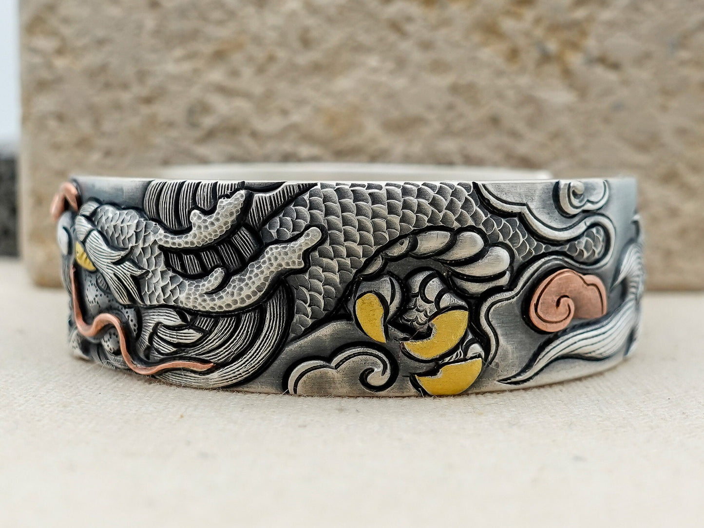Fine Silver Engraved Dragon Cuff Bracelet, Wide Silver Bangle