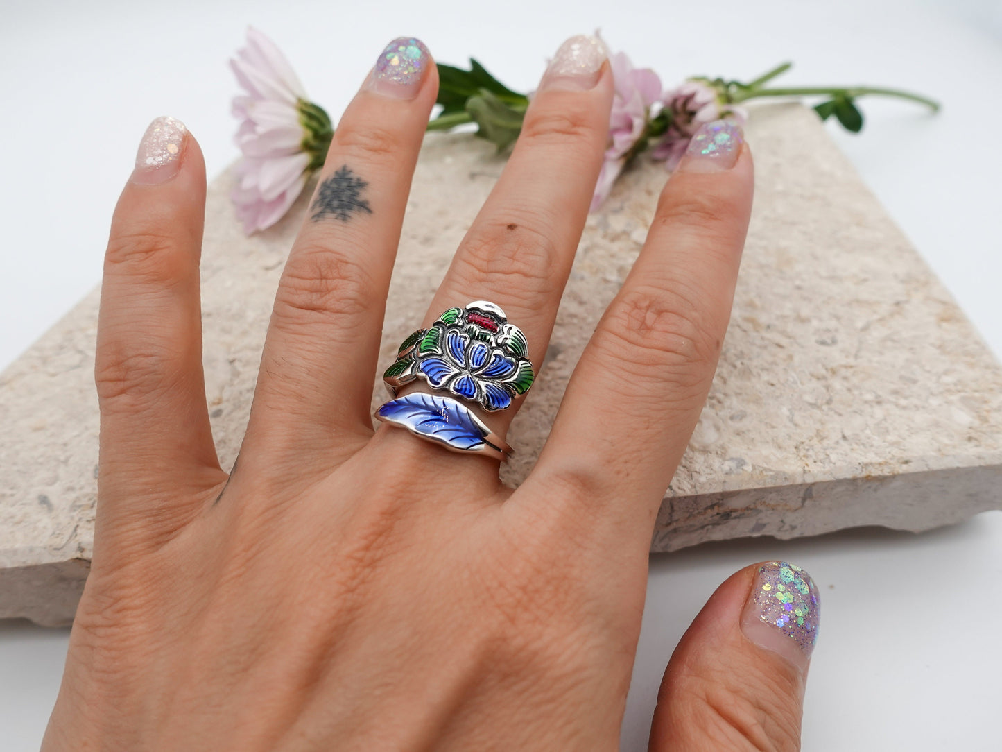 Peony Flower Ring, Sterling Silver Adjustable Ring, Thumb Ring, Nature-Inspired Ring, Peony Gift for Nature Lovers