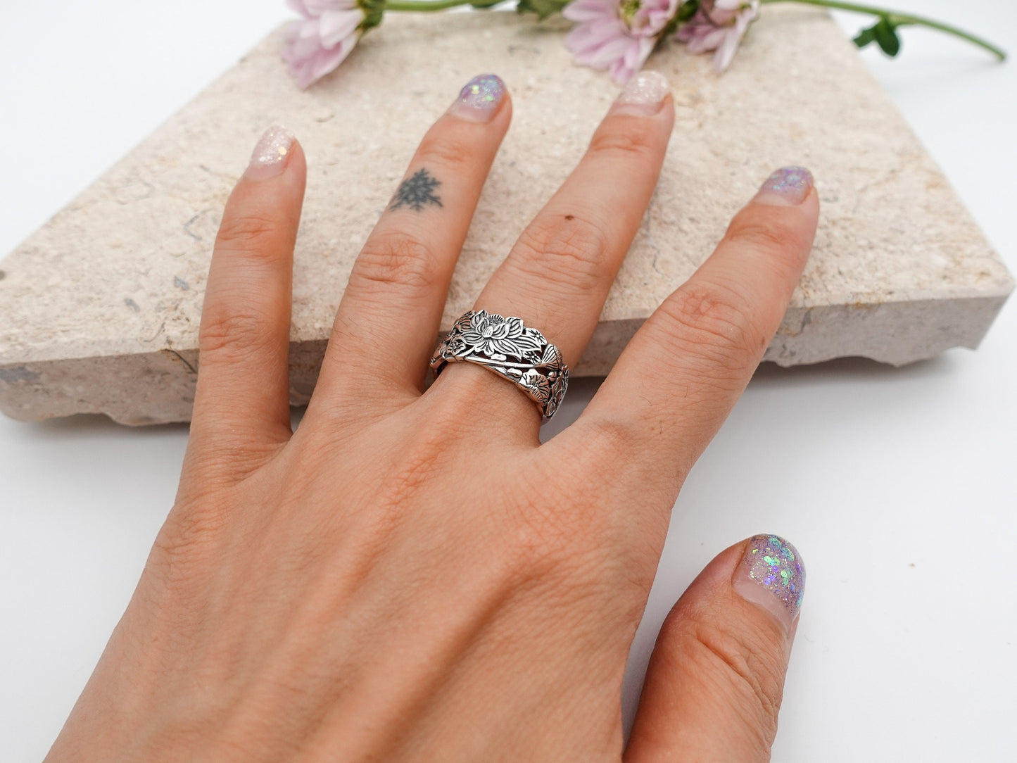 Lotus Ring, Sterling Silver Flower Ring, Meditation Ring, Protection Ring, Adjustable Ring Wide Band, Lotus Jewelry Gift for Her