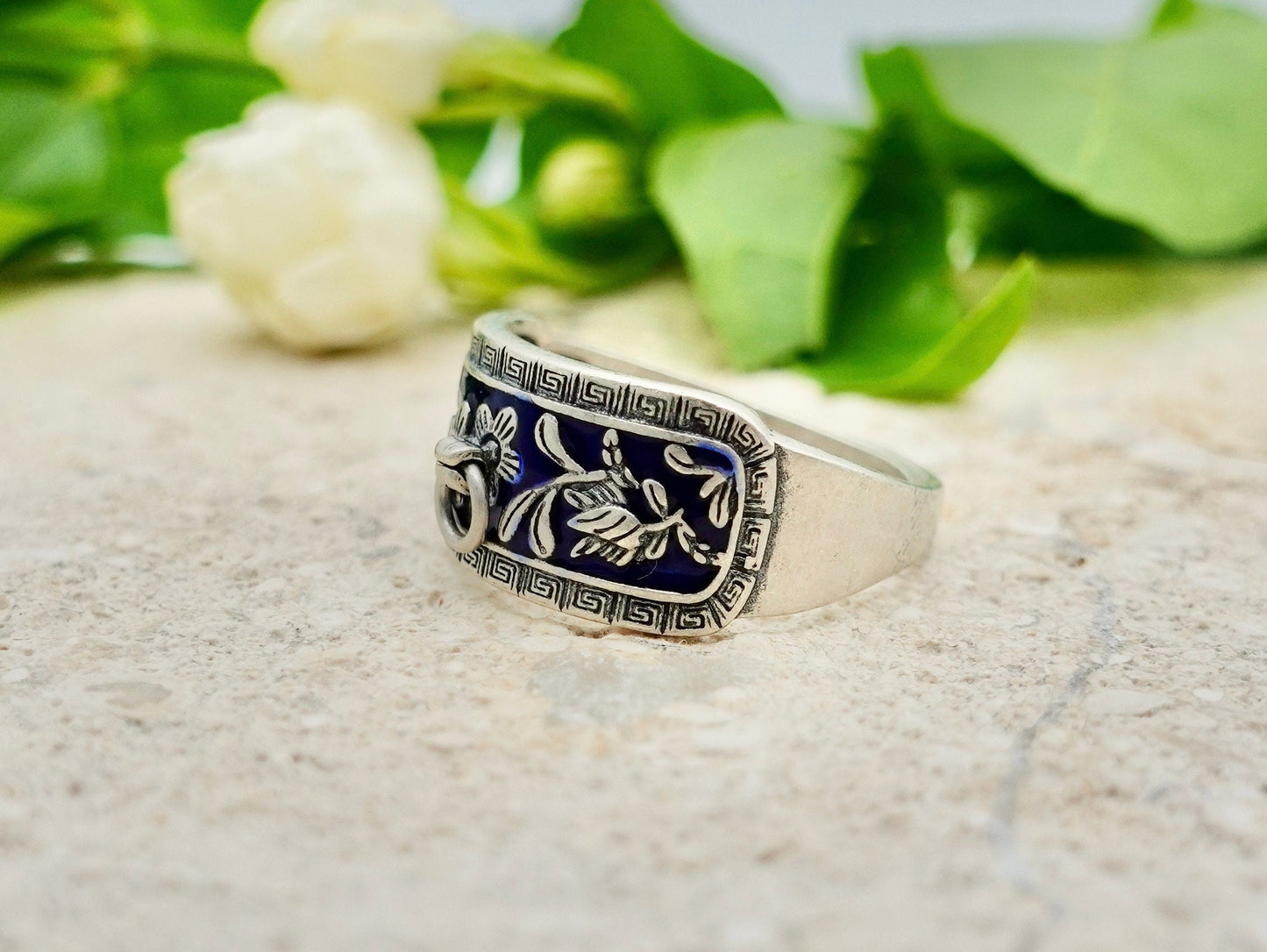 Sterling Silver Adjustable Ring: Nature Inspired Floral Branch Band