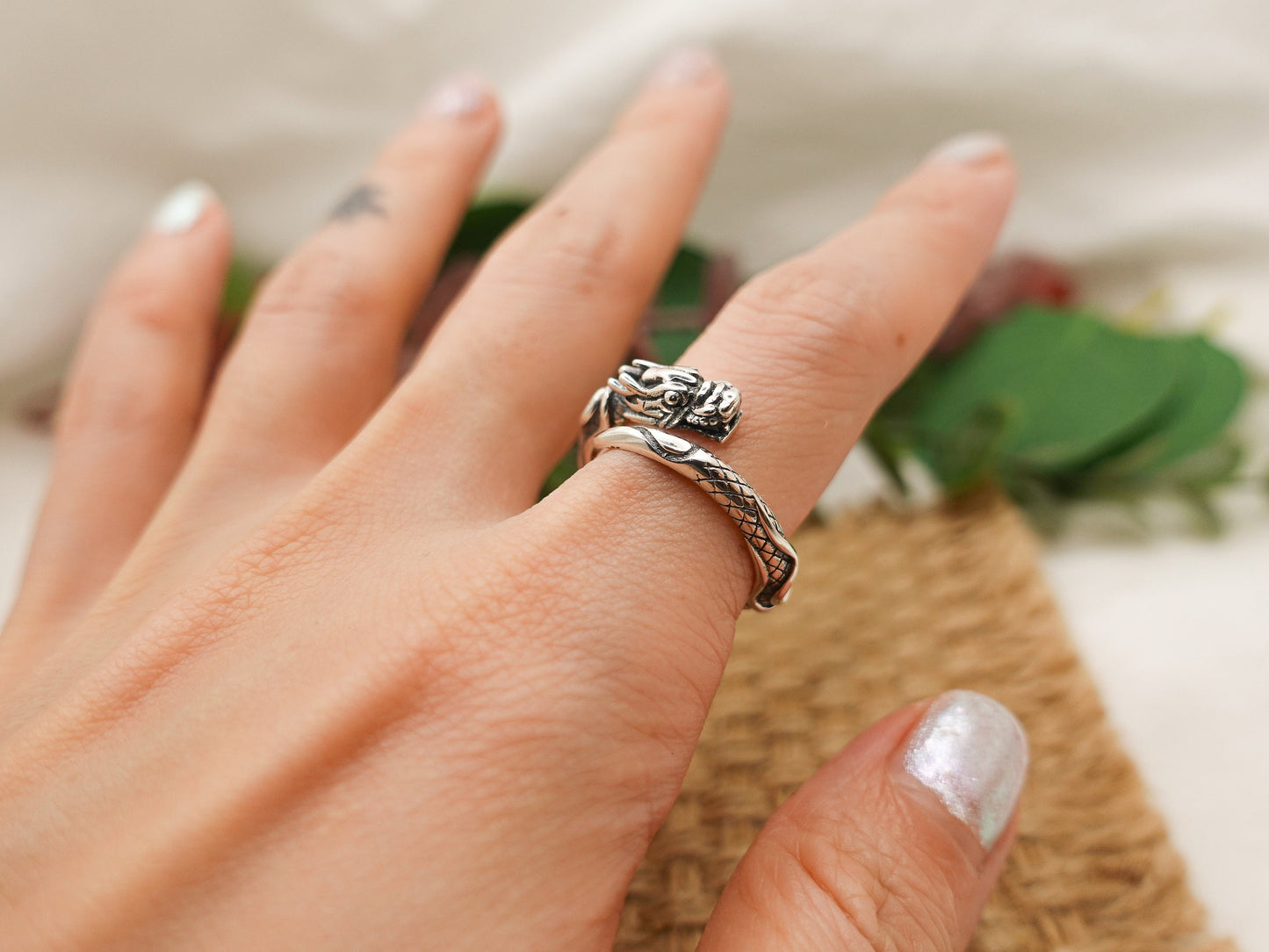Sterling Silver Dragon Ring: Adjustable Fantasy Jewelry